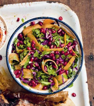 Pomegranate slaw with harissa yogurt