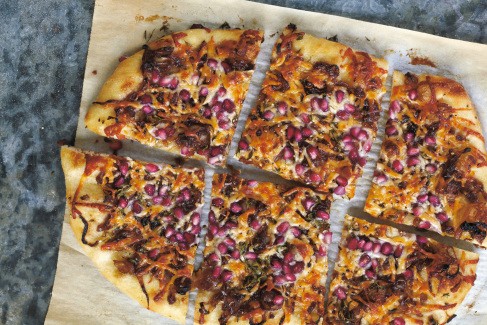 Pomegranate, thyme and goat-cheese pizza