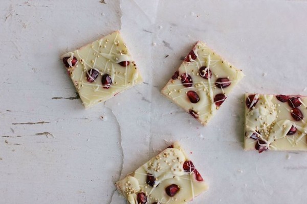 Pomegranate, toasted quinoa, and white chocolate bark