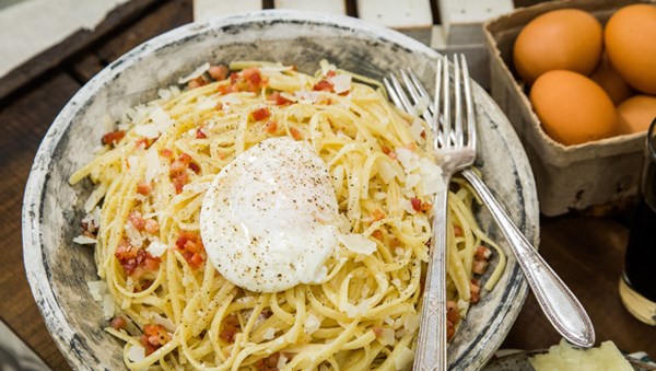 Poor man's carbonara: linguine with crispy guanciale and creamy poached egg