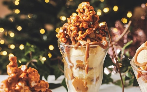 Popcorn and salted caramel ice cream sundae