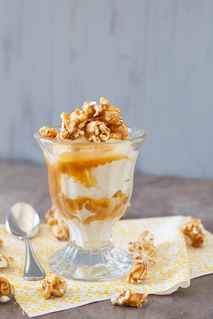 Popcorn ice cream caramel sundaes (with caramel corn & vanilla bean caramel sauce)