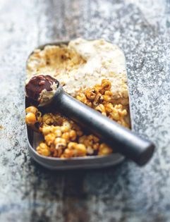 Popcorn ice cream with smoked chocolate sauce