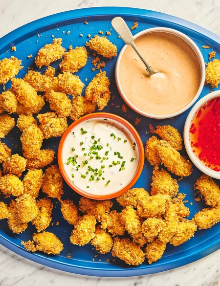 Popcorn mussels with dips