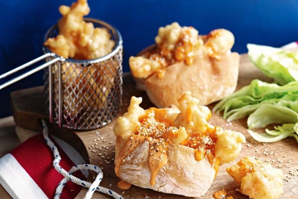 Popcorn prawn rolls with Sriracha mayo