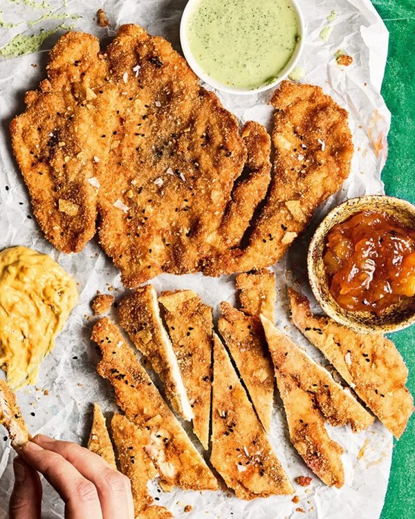 Poppadom chicken schnitzel with lime pickle mayo, mango chutney and mint yogurt