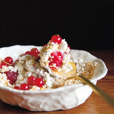 Popped amaranth and toasted wheat berry fool