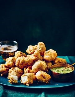 Popping spice monkfish scampi with coconut and chilli raita
