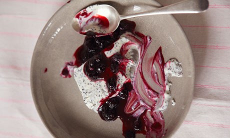 Poppy seed and lemon ice-cream with stewed blackcurrants