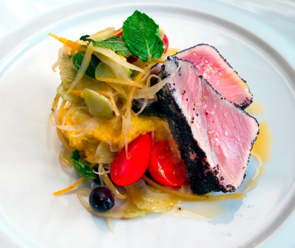 Poppy seed-crusted albacore tuna with chickpea puree and fennel salad