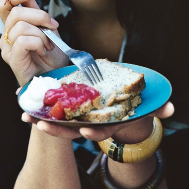 Poppy seed pound cake with plum pluot compote