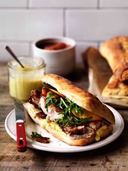 Porchetta, crackling and nectarine relish on ciabatta