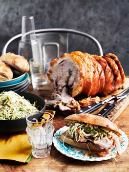 Porchetta heroes with cabbage, Parmesan and almond salad