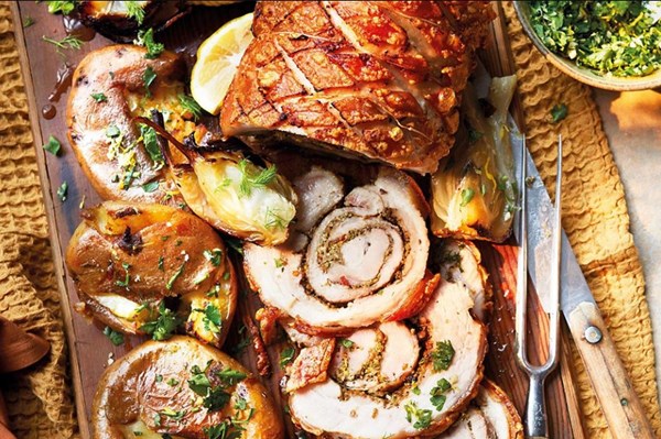 Porchetta-style pork with smashed potatoes & gremolata