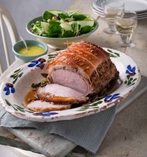 Porchetta-style roast pork with a courgette, chickpea and spinach salad