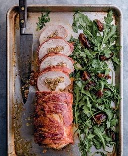 Porchetta with wilted arugula & warm dates