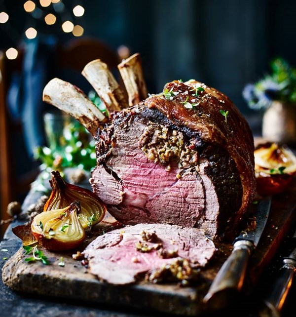 Porcini, bacon and sage roast rib of beef with Port gravy