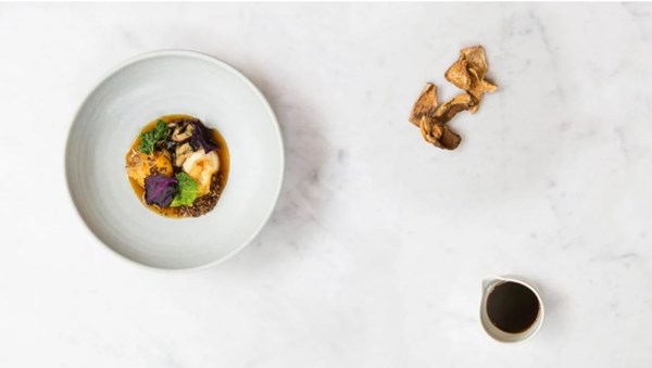 Porcini broth, egg yolk, celeriac, toasted rye and winter leaves