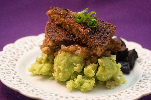 Porcini-crusted tofu with shallot pan gravy