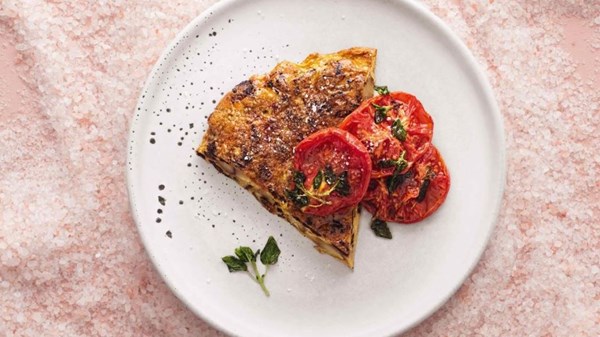 Porcini, potato and Parmesan frittatas with slow-baked tomatoes