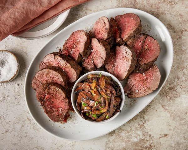 Porcini-rubbed beef tenderloin with roasted portobello mushrooms