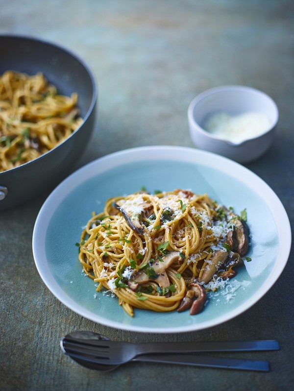 Porcini, shiitake and oyster mushroom pasta with thyme and sage