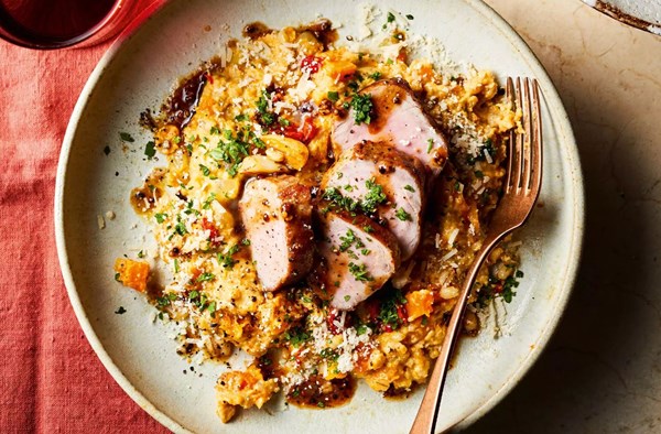 Pork & cider with winter squash and pearl barley