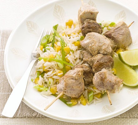 Pork & mushroom kebabs with quick fried rice