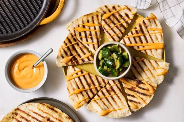 Pork & shrimp grilled quesadillas with cucumber salad