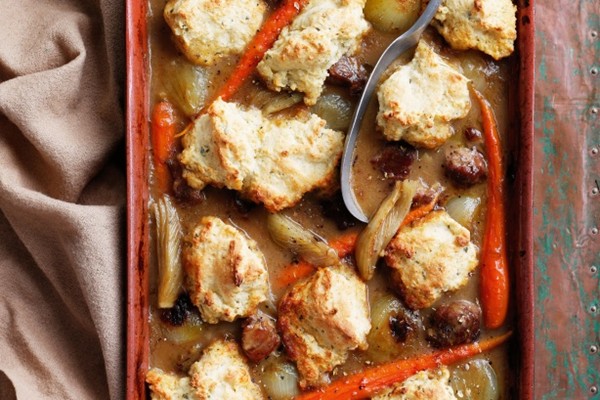 Pork and apple cider casserole with sage dumplings