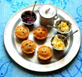 Pork and apple pies with English chutney, and parsnip and potato mash