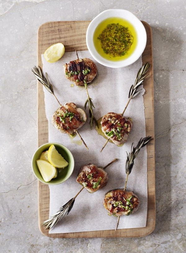 Pork and bacon braciole skewers