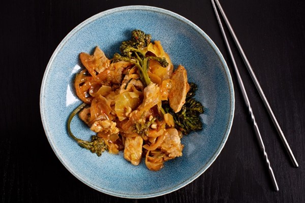 Pork and broccolini stir-fry with kimchi