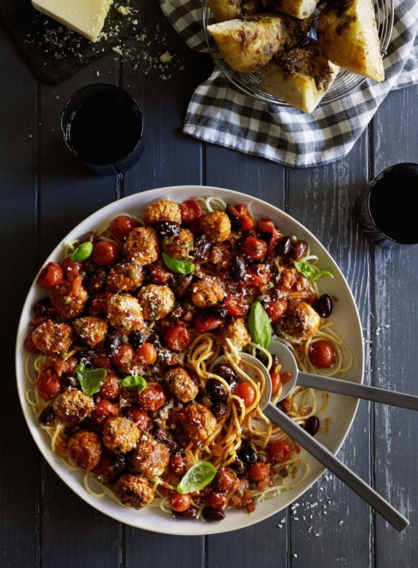 Pork and fennel meatballs with puttanesca sauce