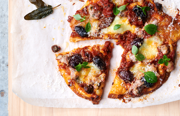 Pork and fennel sausage, black olive and mozzarella pizzas