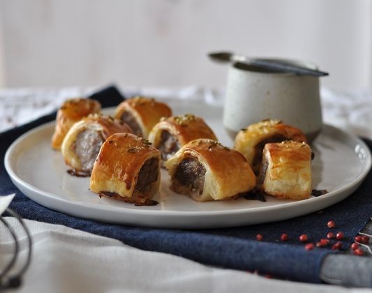 Pork and fennel sausage rolls with Cabernet barbecue sauce