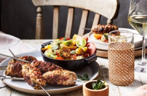 Pork and feta koftas with tomato and pesto risoni