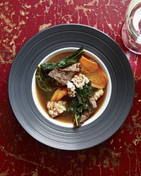 Pork-and-kale soup with sizzling puffed rice