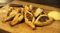 Pork and pea pastizzi with mustard mayonnaise