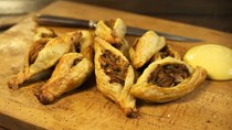 Pork and pea pastizzi with mustard mayonnaise