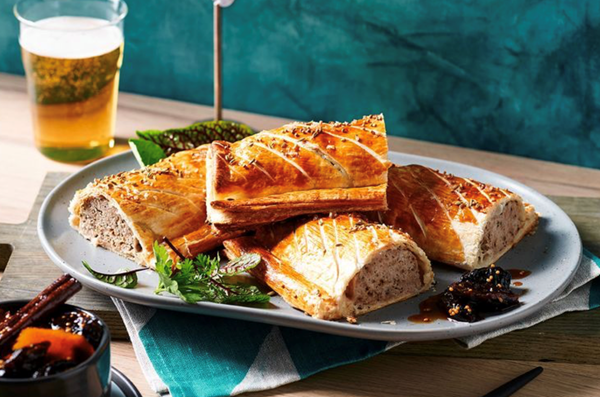 Pork and pear sausage rolls with prune relish