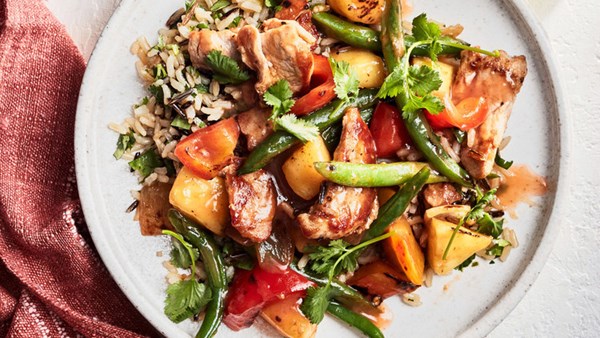 Pork-and-pineapple stir-fry with cilantro rice