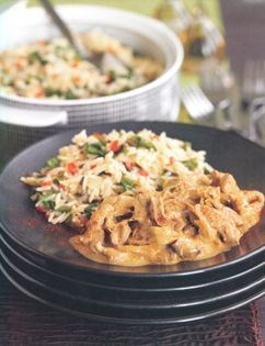 Pork and porcini Stroganoff with red pepper braised wild rice