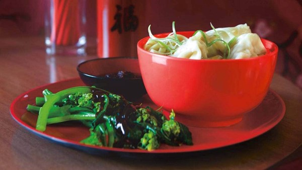 Pork and prawn dumpling soup with choy sum and oyster sauce