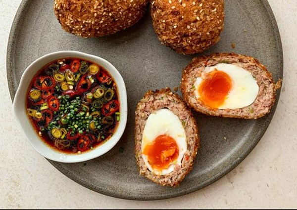 Pork and prawn Scotch eggs
