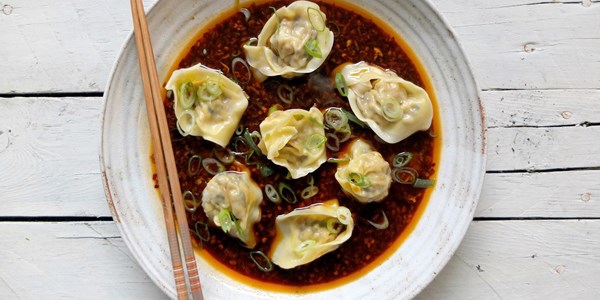 Pork and prawn wontons in chilli oil sauce