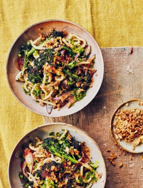 Pork and purple broccoli udon 