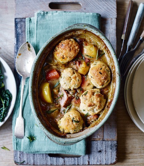 Pork and root vegetable casserole with fennel and mustard dumplings