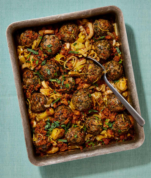 Pork and tarragon meatballs with lemony leeks