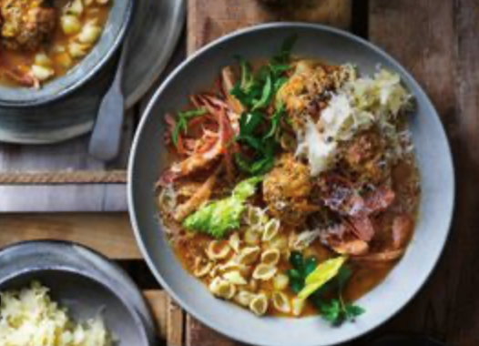 Pork and veal meatballs with smoked bone broth